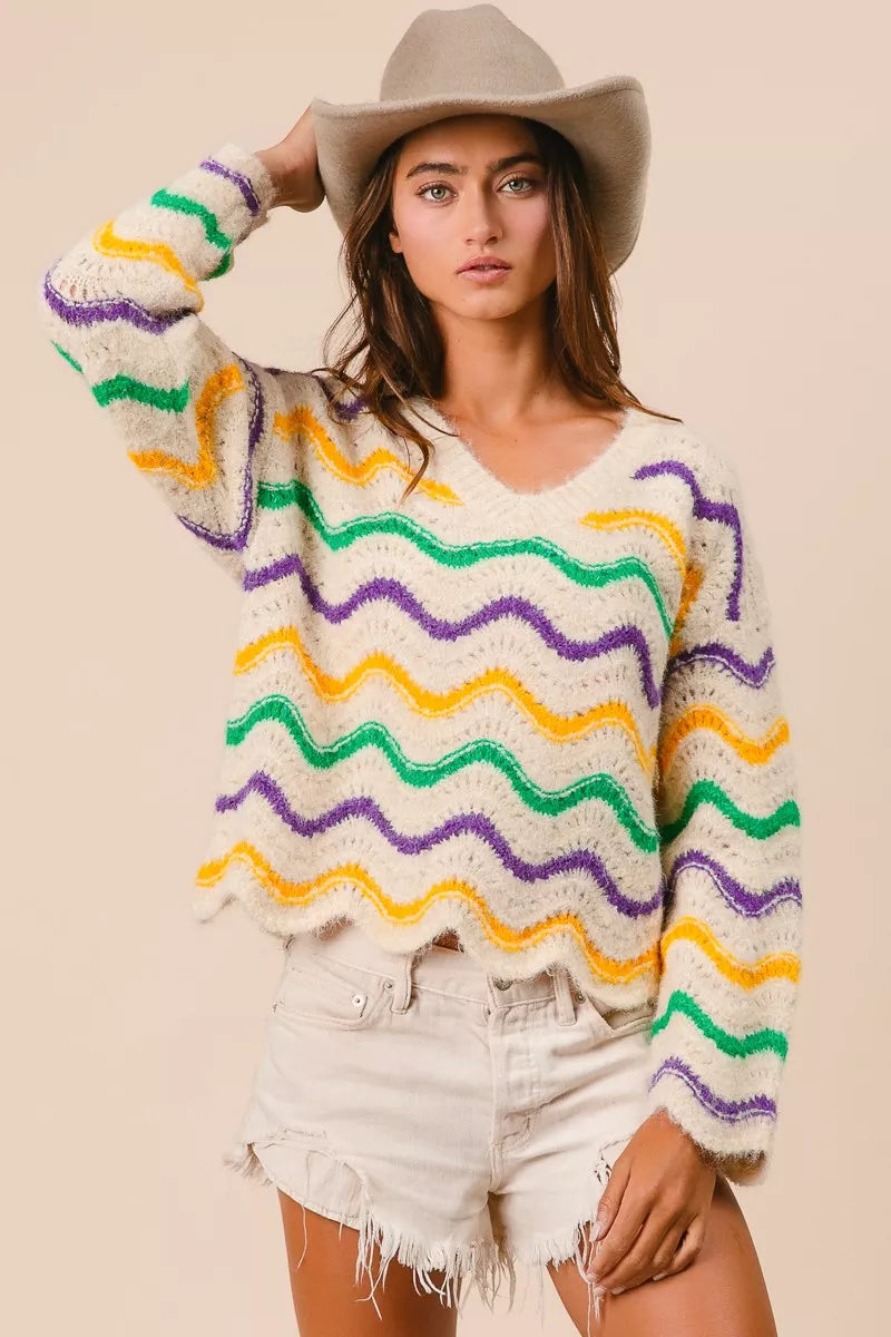 BiBi Mardi Gras Wavy Stripes V-Neck Sweater Image secondaire du produit