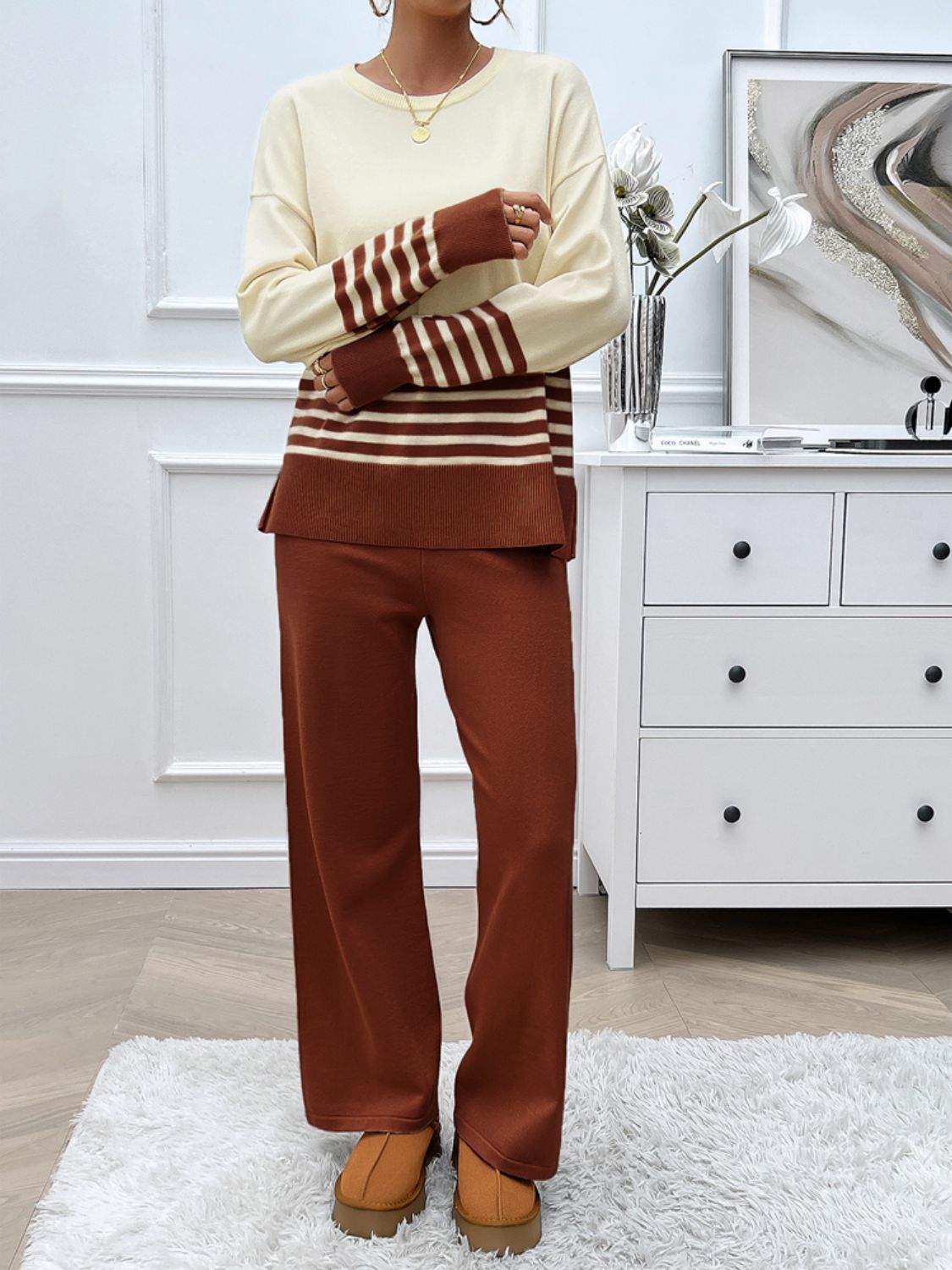 Devine Slit Striped Round Neck Top and Pants Sweater Set - felvior