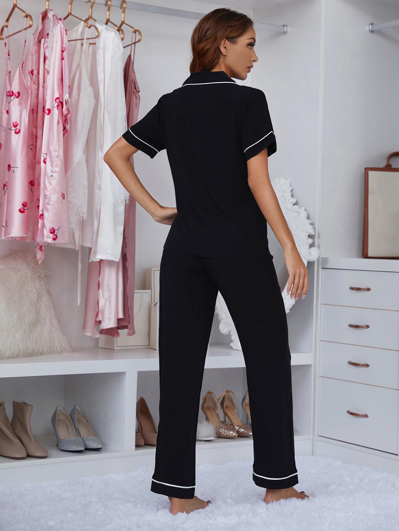 Contrast Piping Lapel Collar Short Sleeve Top and Pants Pajama Set - felvior