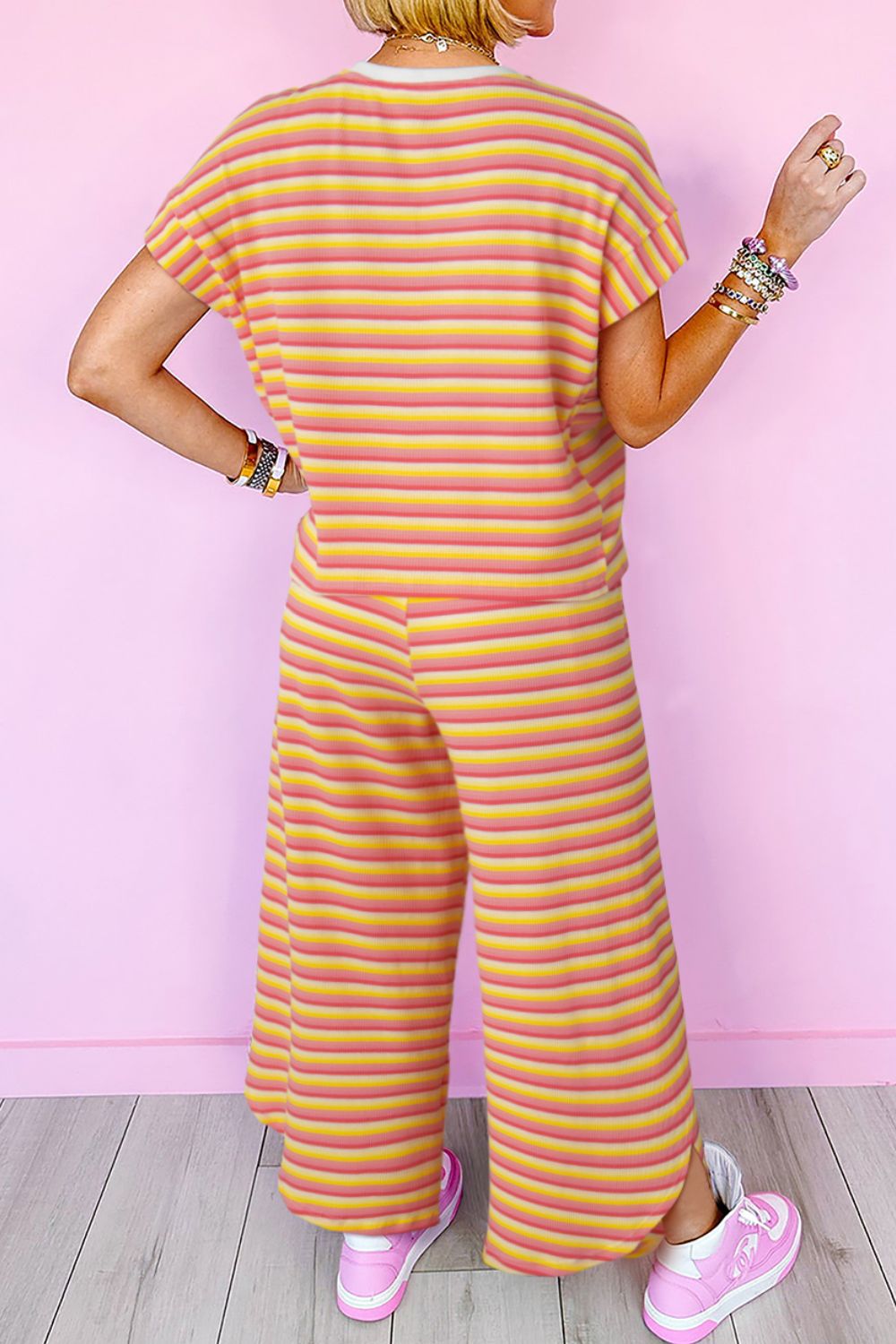 Striped Round Neck Short Sleeve Top and Pants Set - felvior