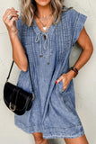 Tie V Neck Tucking Detail Short Sleeve Denim Dress - felvior
