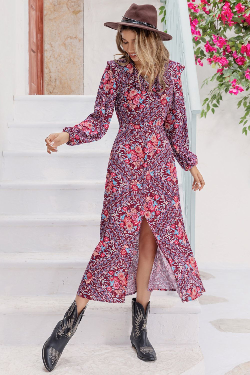 Printed Long Sleeve Slit Midi Dress - felvior