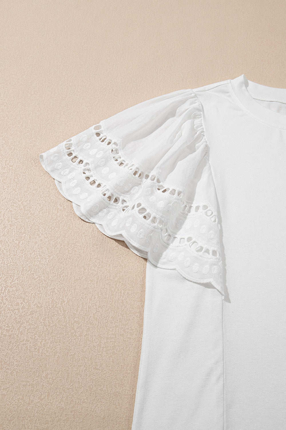 Hollow Out Embroidered Short Sleeve Round Neck Top - felvior