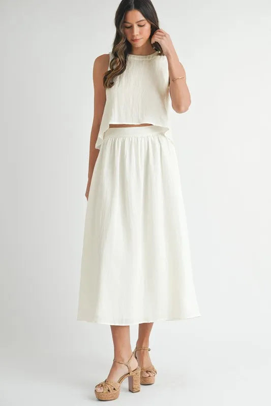 MABLE Wrinkled Round Neck Swing Top and Skirt Set - felvior