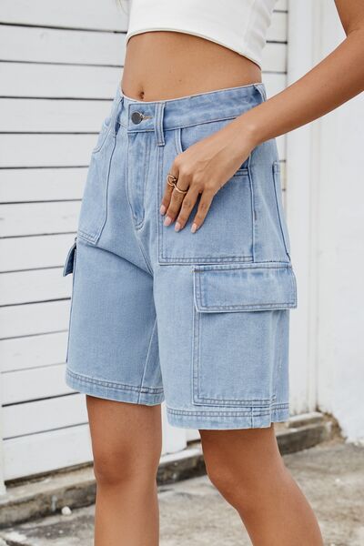 High Rise Denim Shorts with Cargo Pockets - felvior