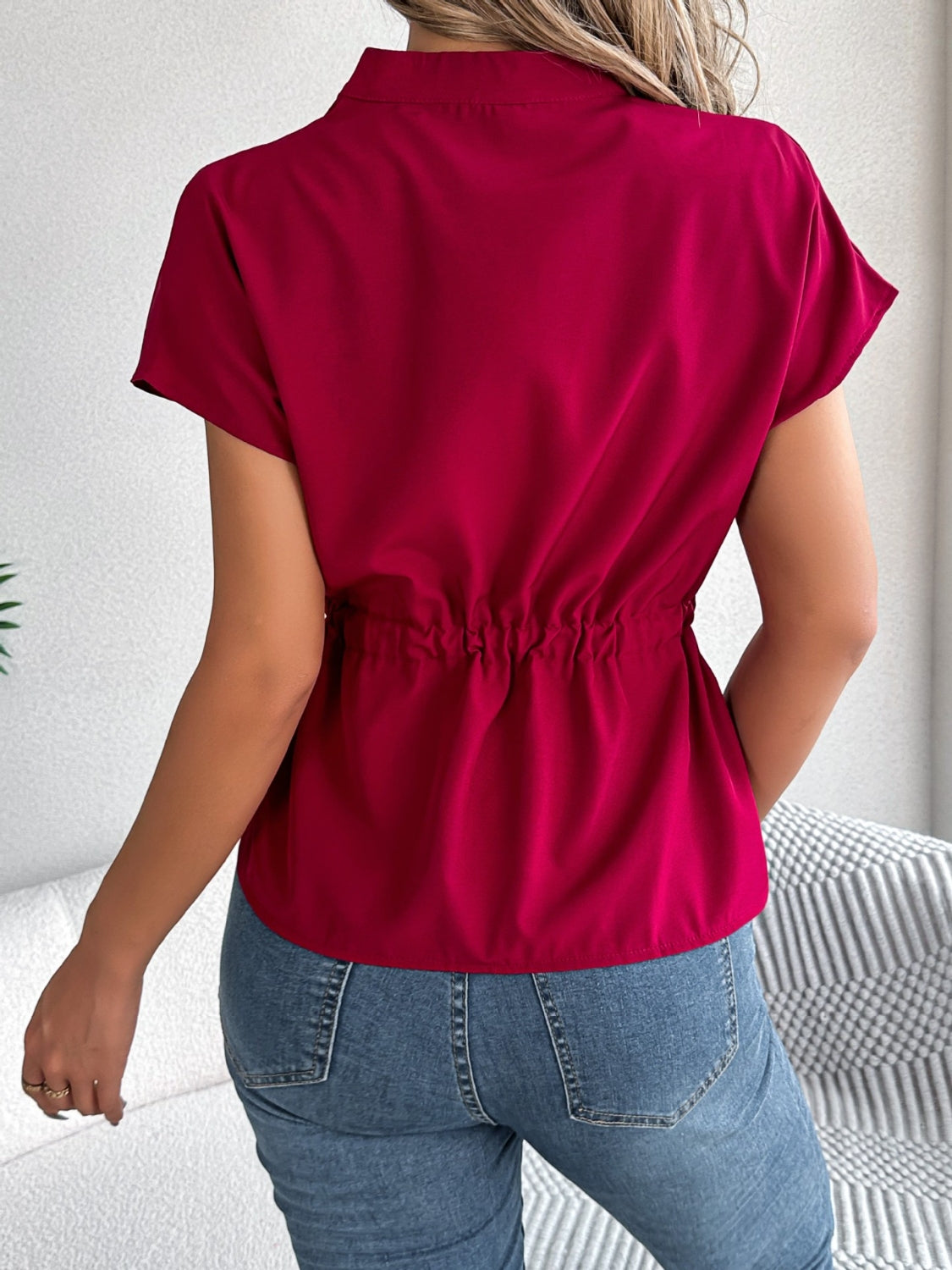 Notched Short Sleeve Blouse - felvior