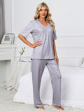 Printed V-Neck Top and Pants Lounge Set - felvior