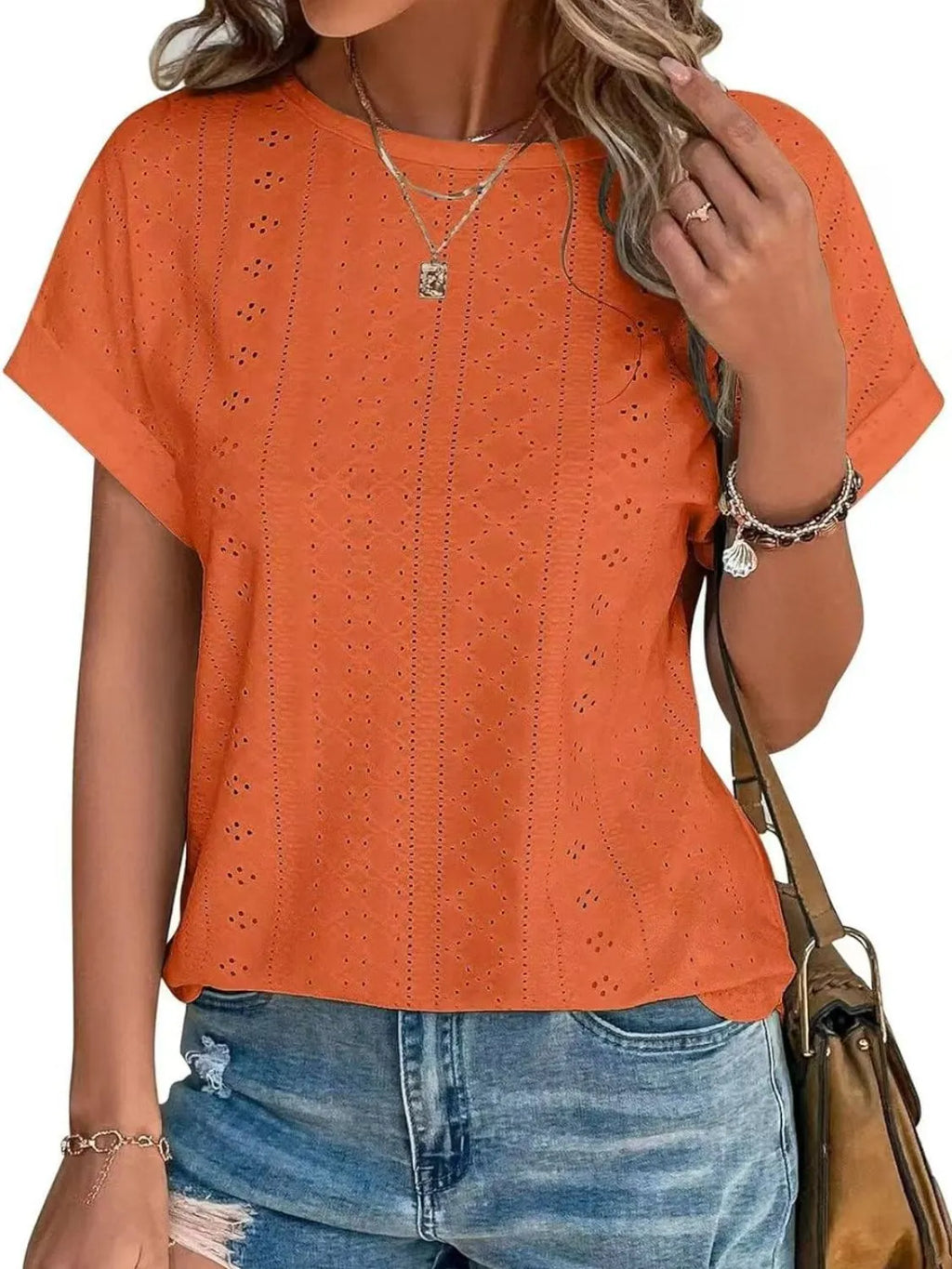 Eyelet Round Neck Short Sleeve Top