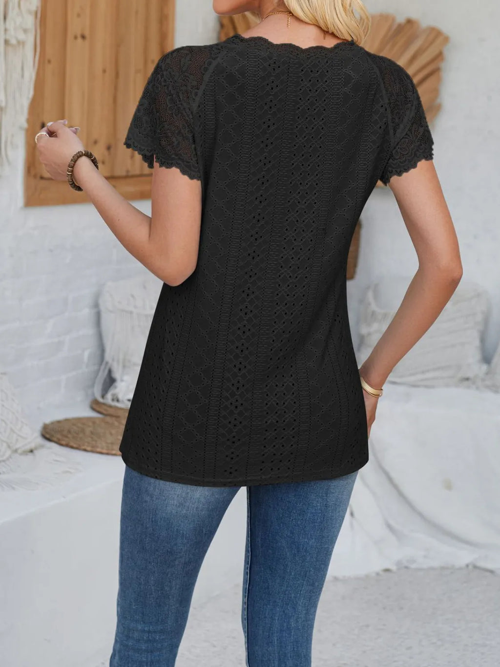 Eyelet Lace Detail V-Neck Short Sleeve Top