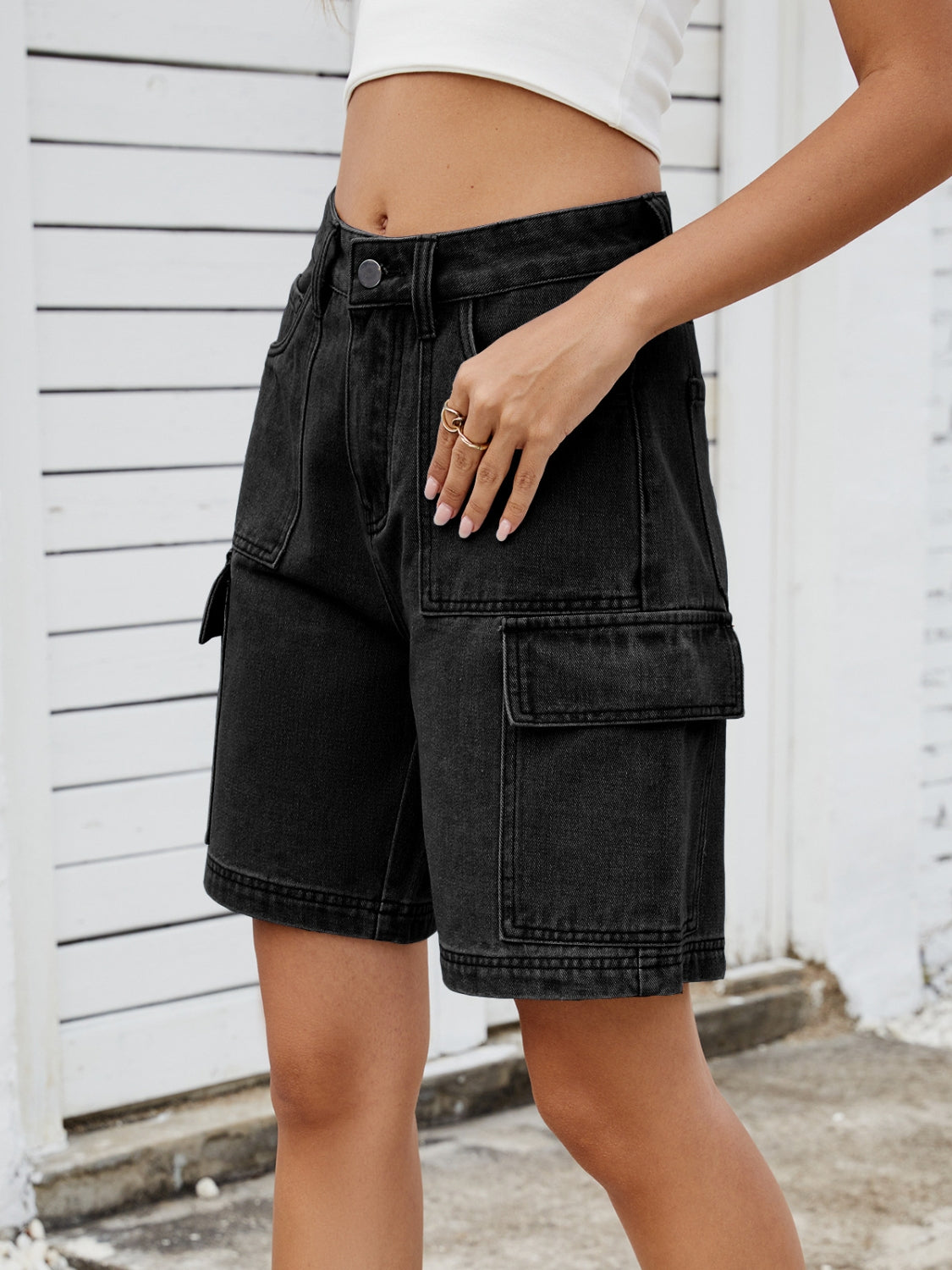 High Waist Denim Shorts with Cargo Pockets - felvior
