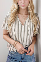 Stripe Frilled Tie Neck Short Sleeve Blouse
