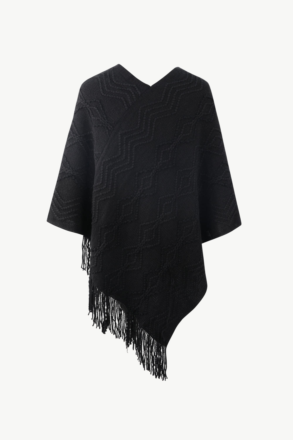 Pearl Trim V-Neck Fringe Hem Poncho - felvior