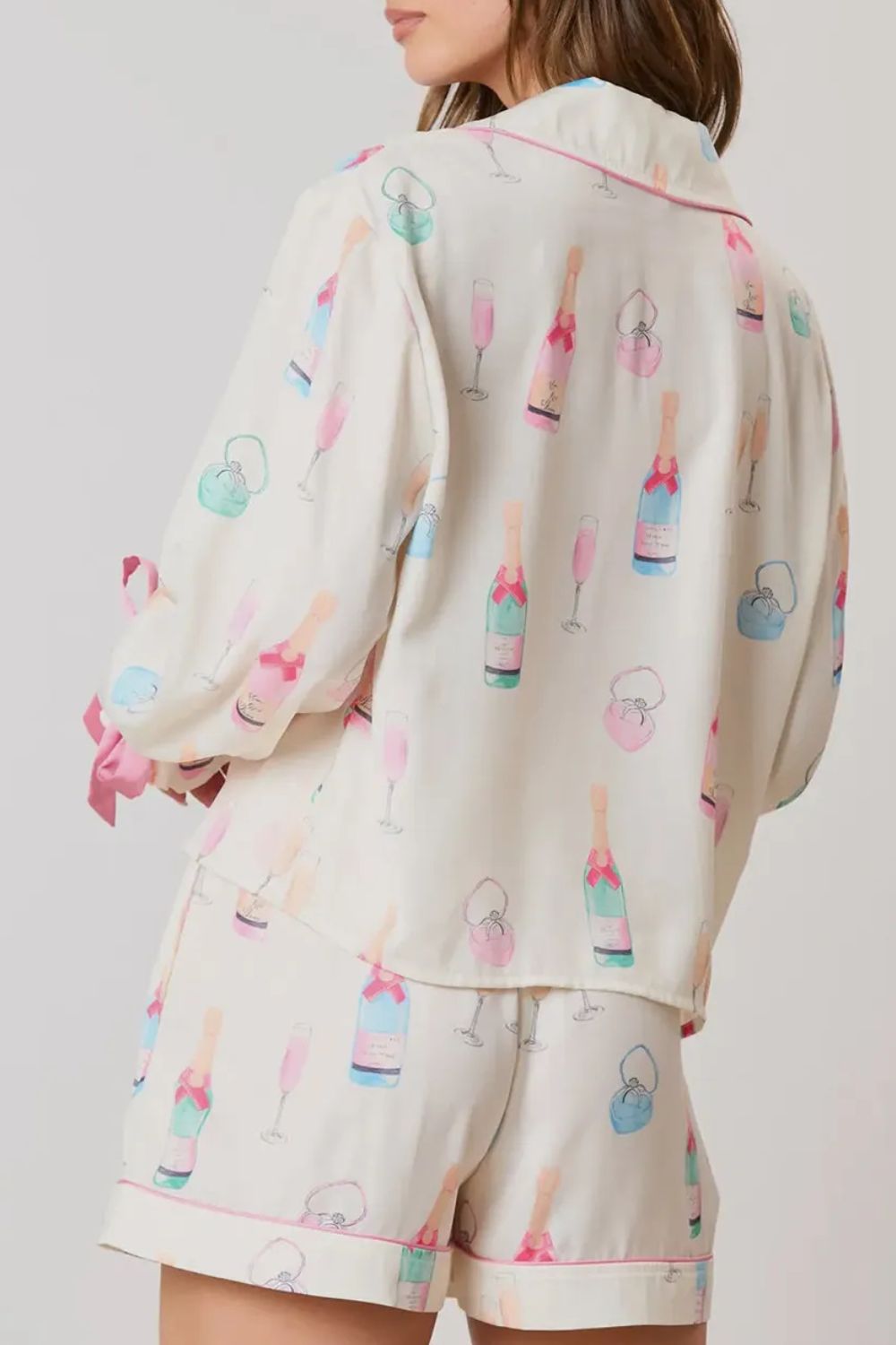 Bow Printed Collared Neck Top and Drawstring Shorts Lounge Set - felvior