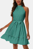 Printed Tie Waist Frill Trim Dress - felvior