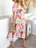 Devine Printed Johnny Collar Button Down Short Sleeve Midi Shirt Dress - felvior