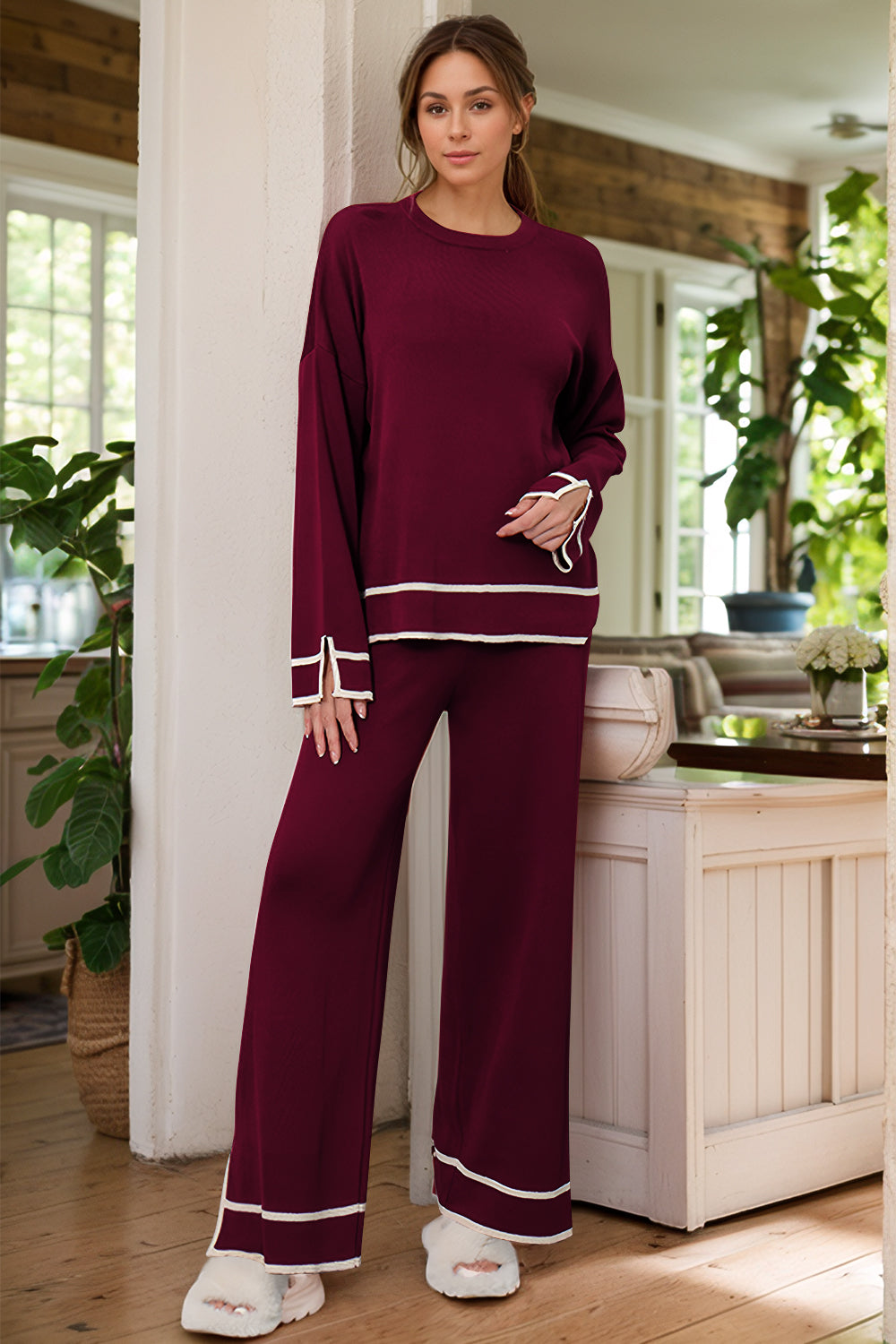 High-Low Round Neck Top and Pants Sweater Set - felvior