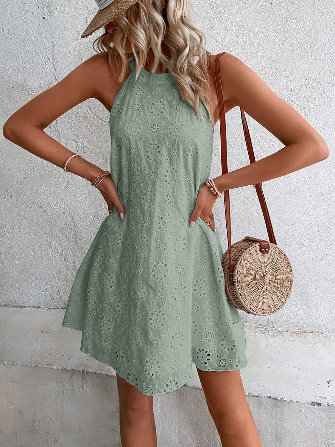 Eyelet Grecian Neck Mini Dress - felvior