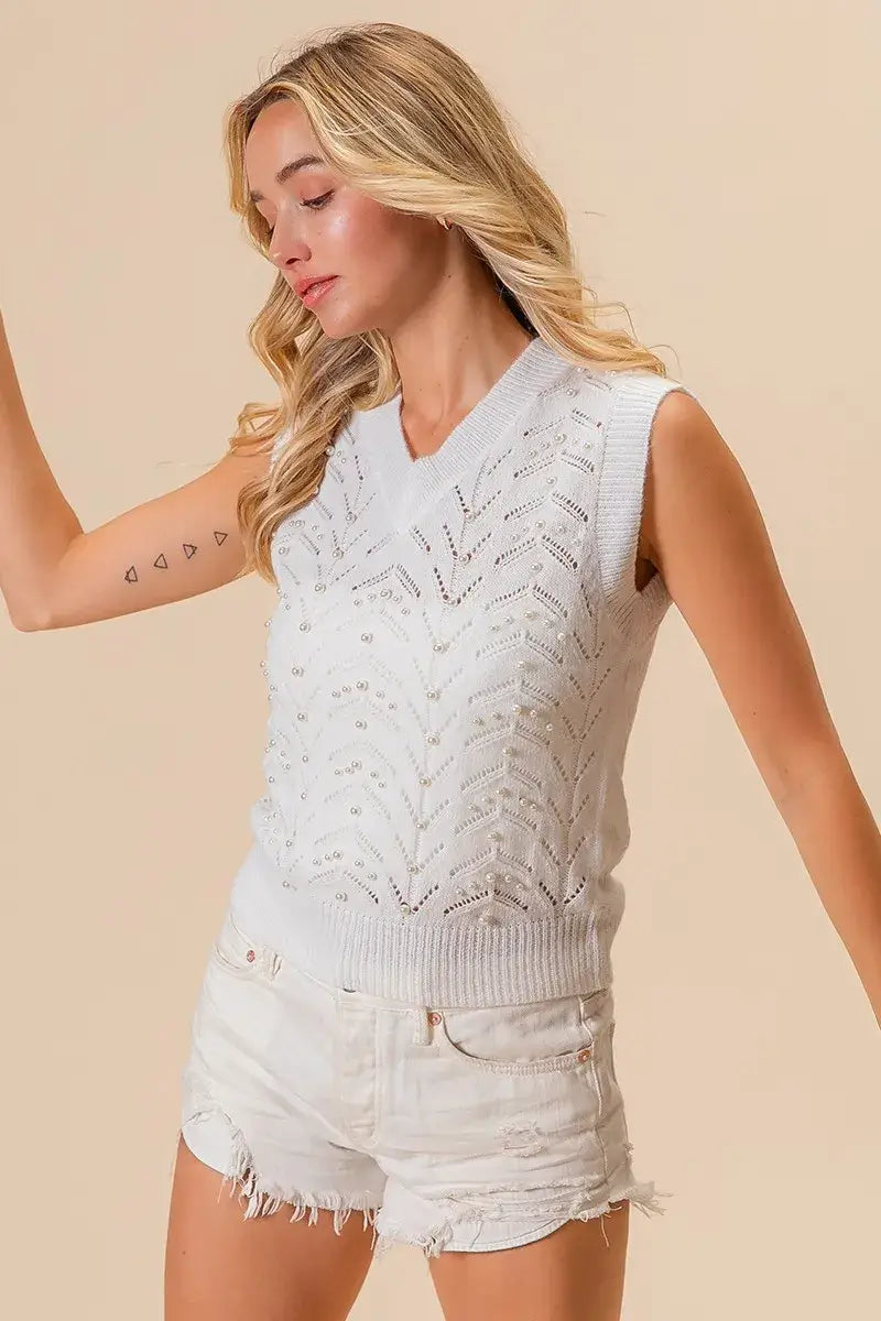 BiBi Chevron Pointelle Pearl Knit Top