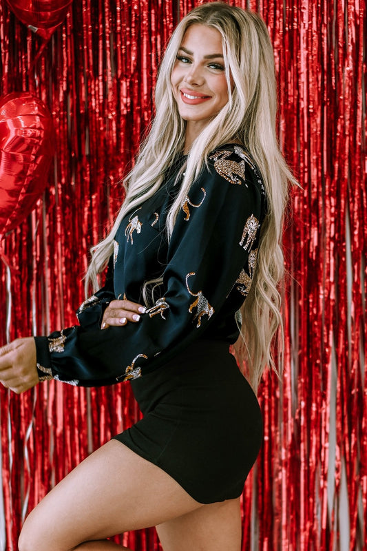Animal Pattern Round Neck Long Sleeve Blouse - felvior
