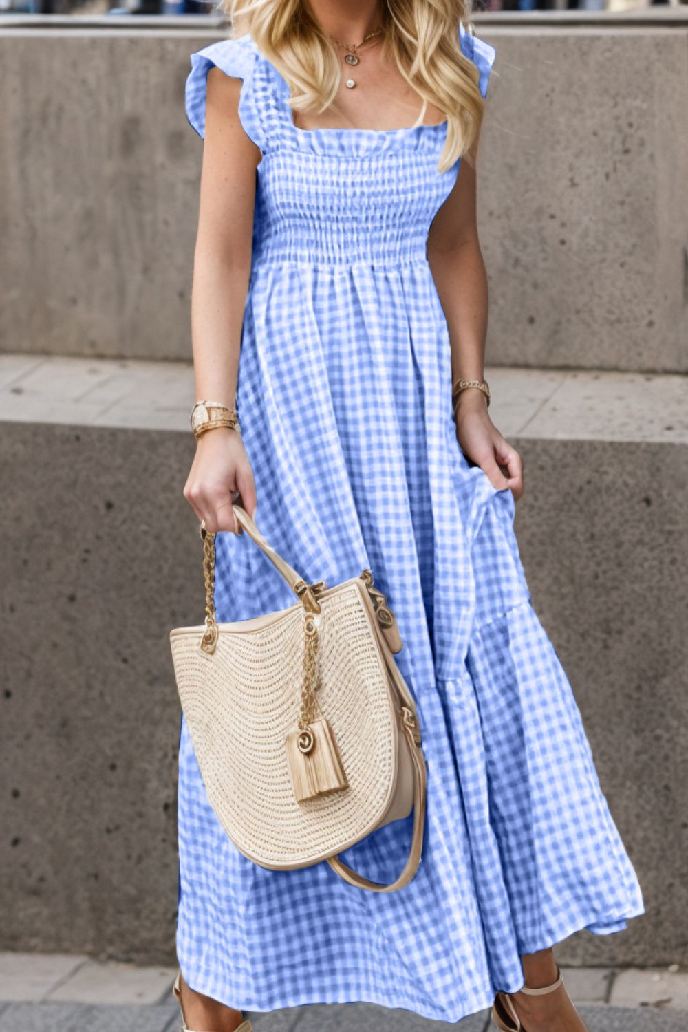 Full Size Smocked Ruffled Plaid Ruffle Hem Dress - felvior