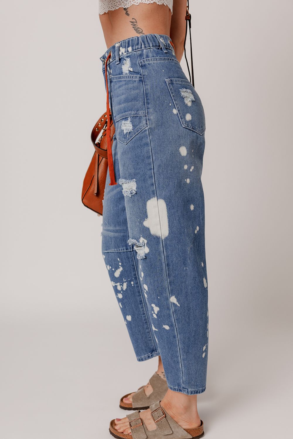 Distressed Splattering Paint Rope Waist Cropped Straight Jeans