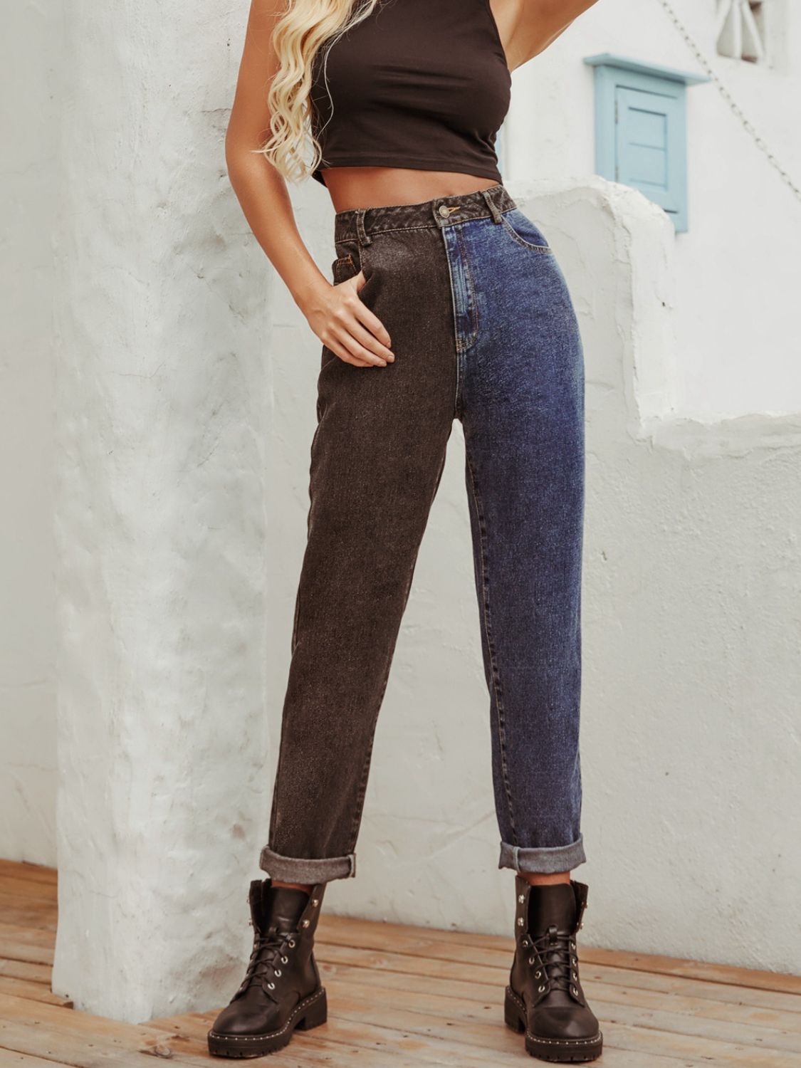 Two Tone Straight Leg Jeans - felvior