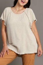 Umgee Full Size Seam Detail Linen Ruffle Fringe Edge Top Plus Size