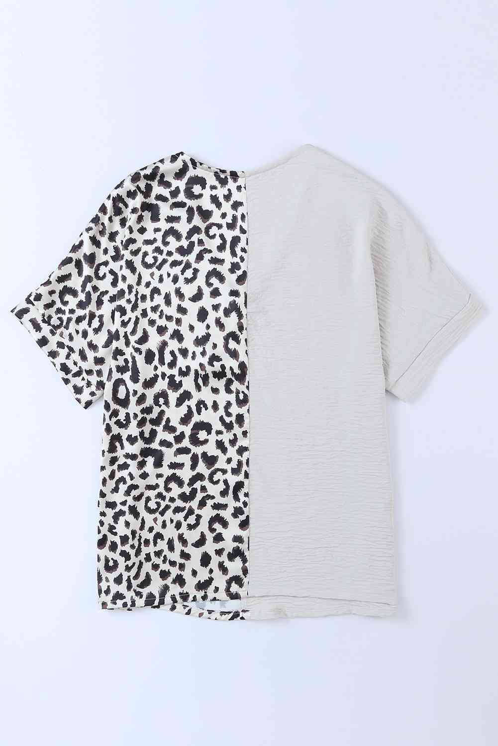 Leopard Color Block V-Neck Blouse - felvior