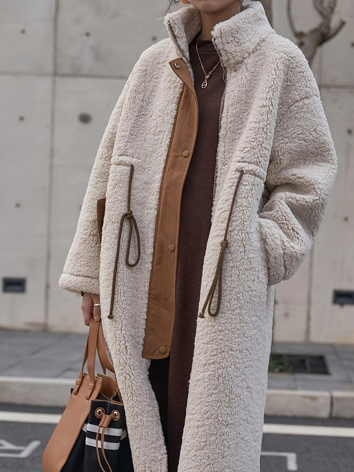 Plus Size Drawstring Zip Up Turtleneck Sherpa Coat - felvior