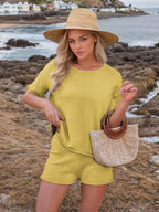 Round Neck Short Sleeve Top and Shorts Sweater Set