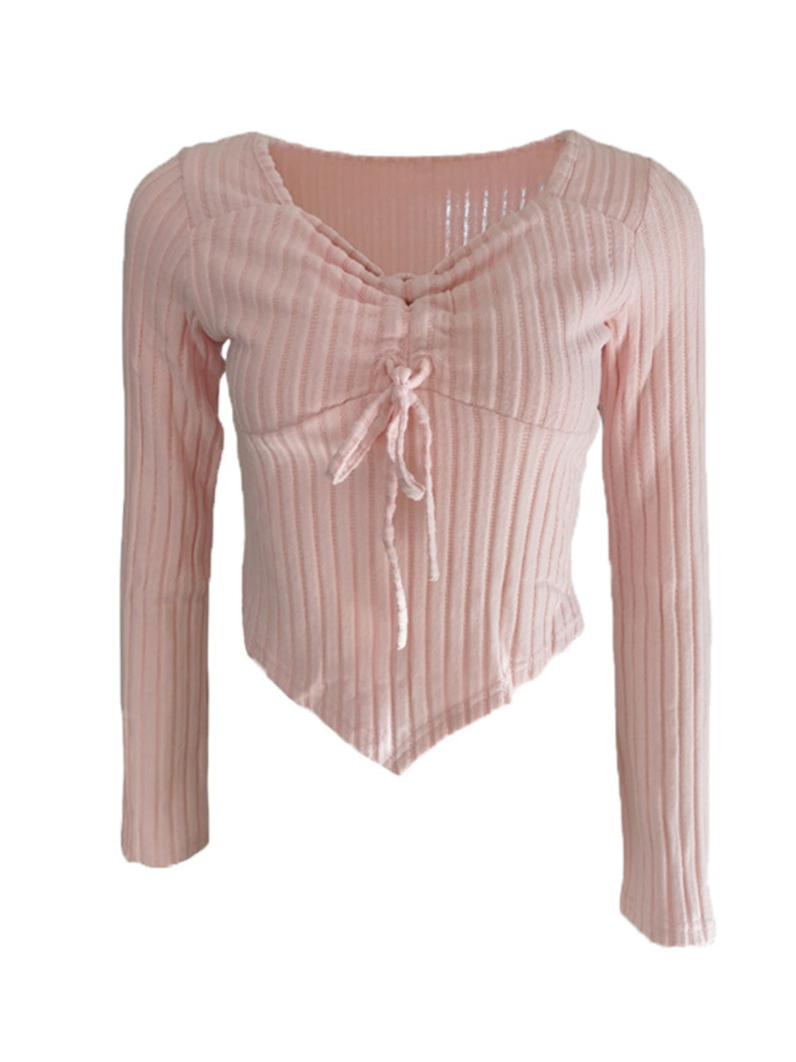 Drawstring Ruched Long Sleeve Ribbed Top - felvior