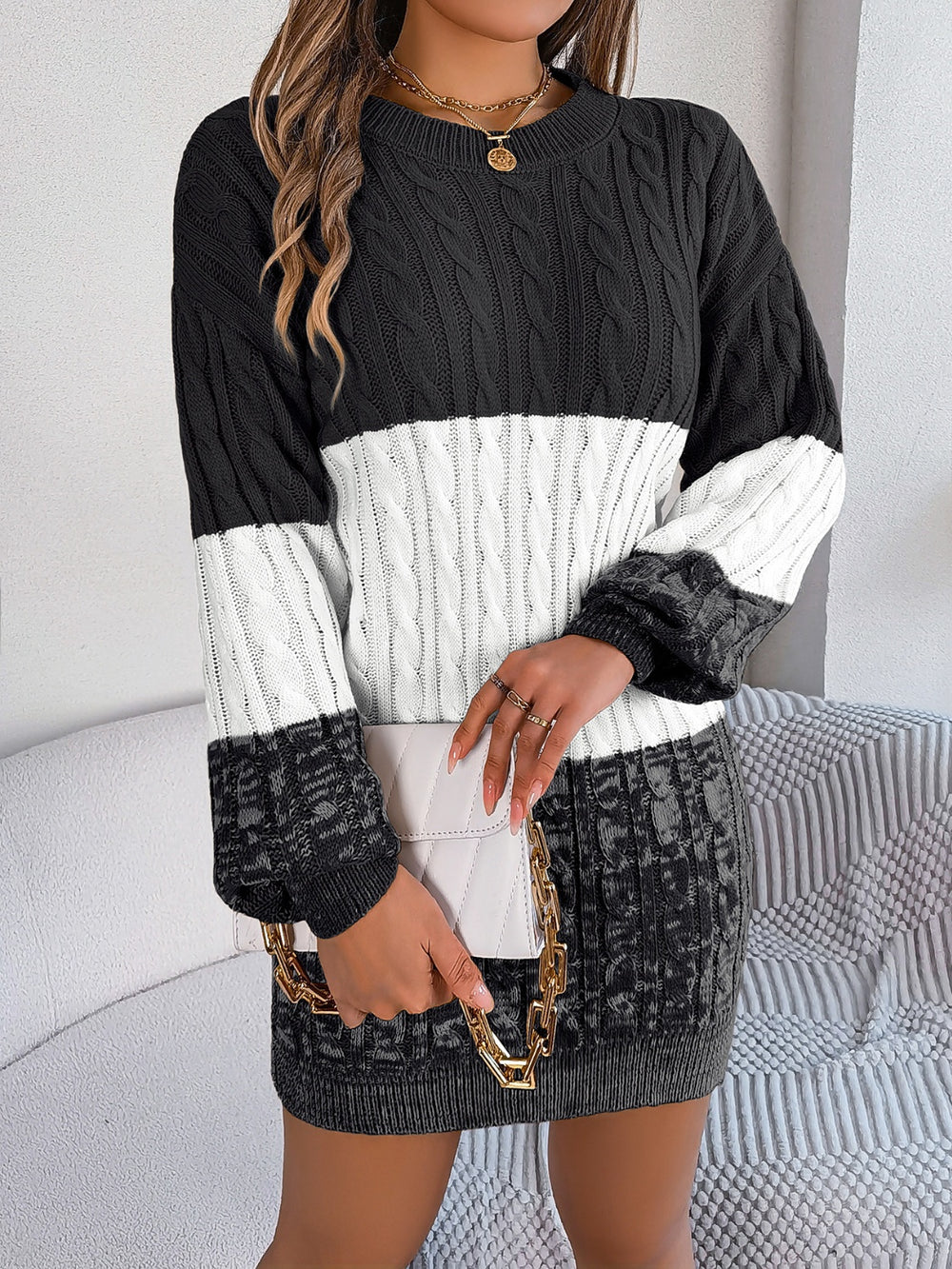 Cable-Knit Round Neck Color Block Sweater Dress - felvior