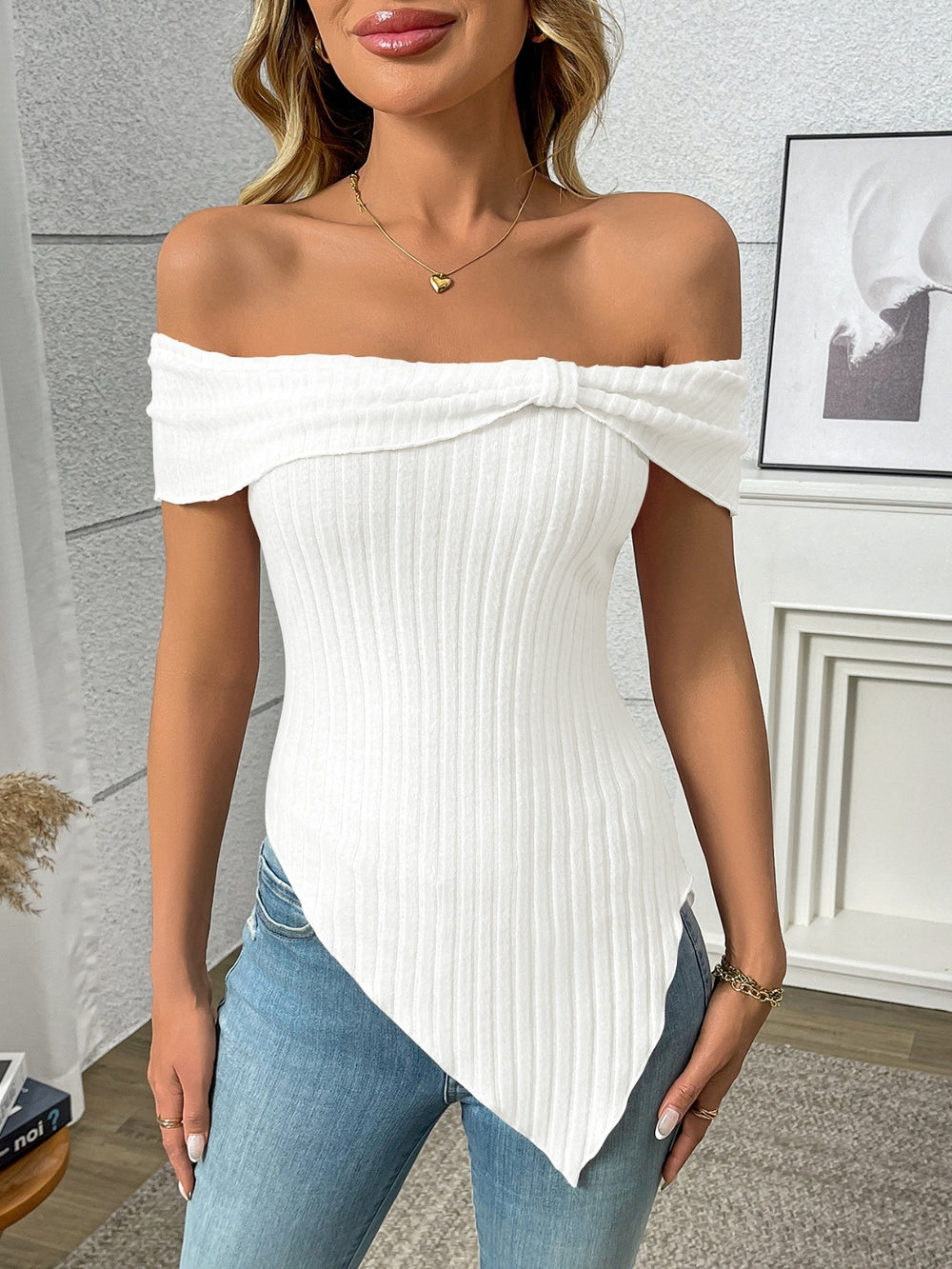 Ribbed Off-Shoulder Asymmetrical Hem T-Shirt