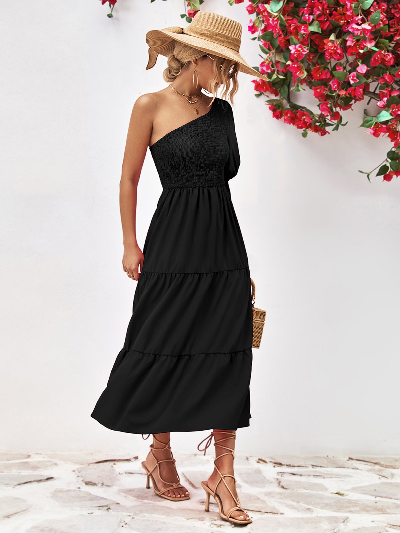 Smocked One-Shoulder Midi Dress - felvior