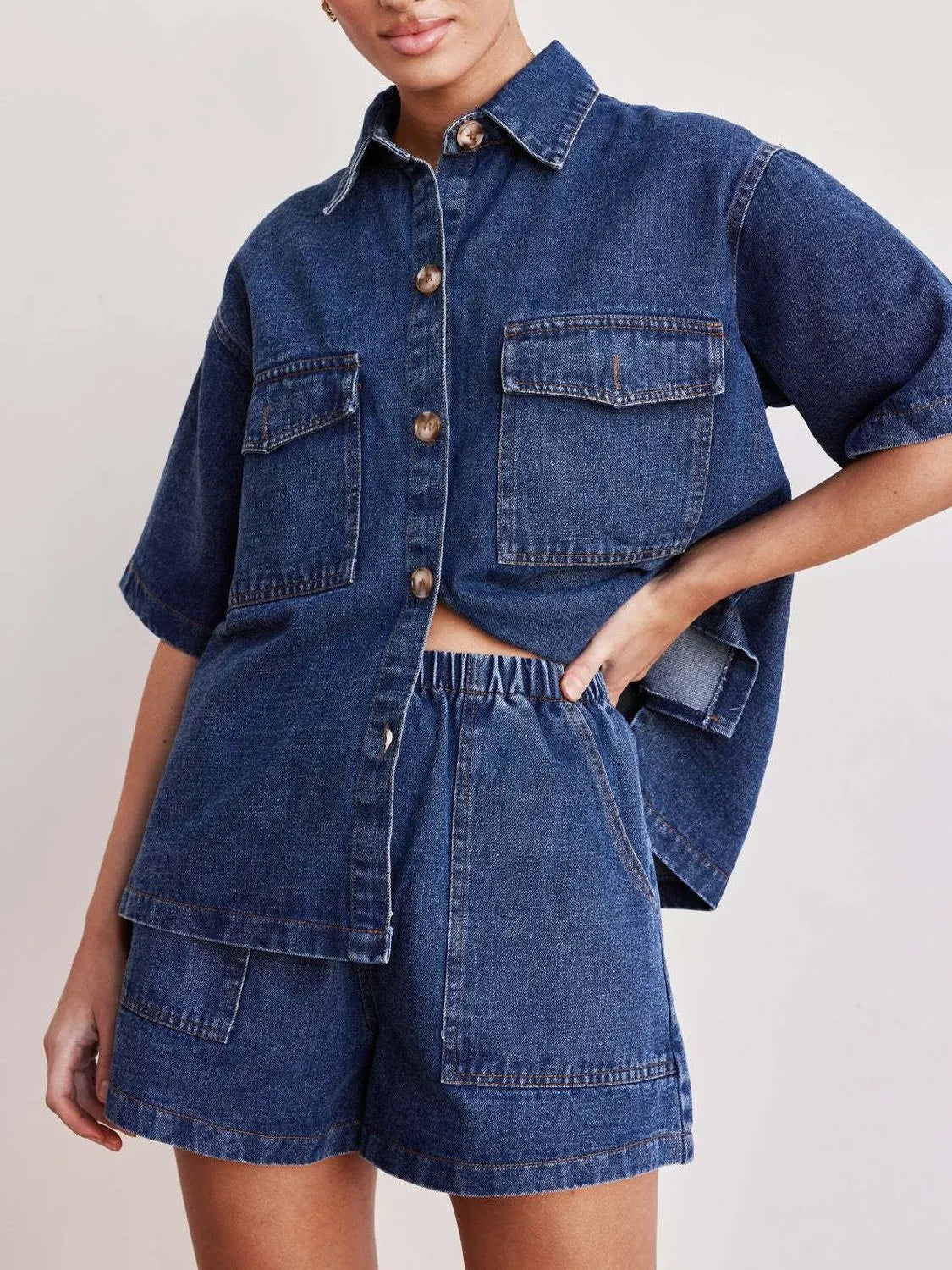Button Up Short Sleeve Top and Shorts Denim Set - felvior