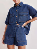 Button Up Short Sleeve Top and Shorts Denim Set - felvior