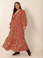 Plus Size Lace Detail Printed Balloon Sleeve Midi Dress