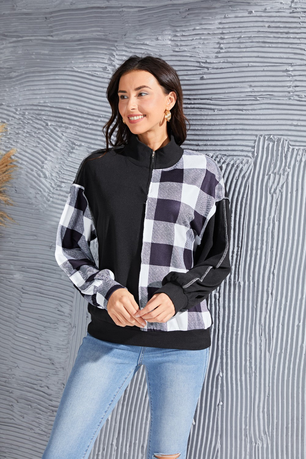 Plaid Exposed Seam Long Sleeve Blouse - felvior