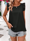 Crisscross Back Ruffled Round Neck Cap Sleeve Blouse - felvior