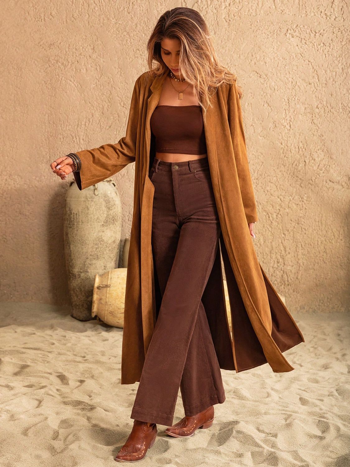 Slit Tied Collared Neck Longline Coat - felvior