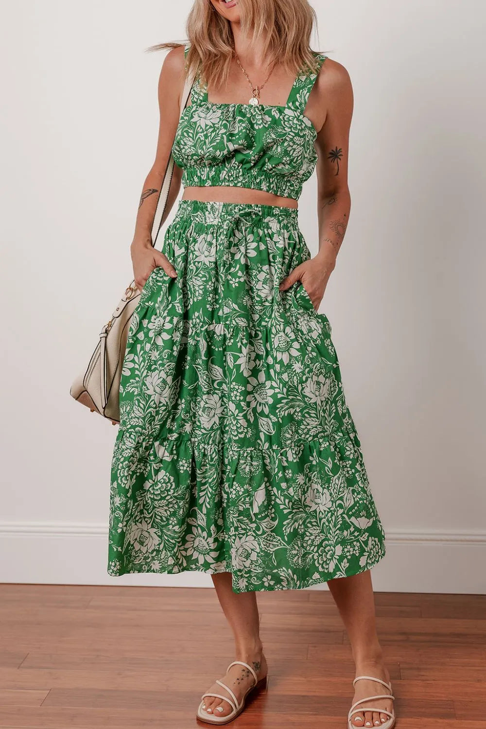 Floral Print Shirred Crop Top and Midi Skirt Set - felvior