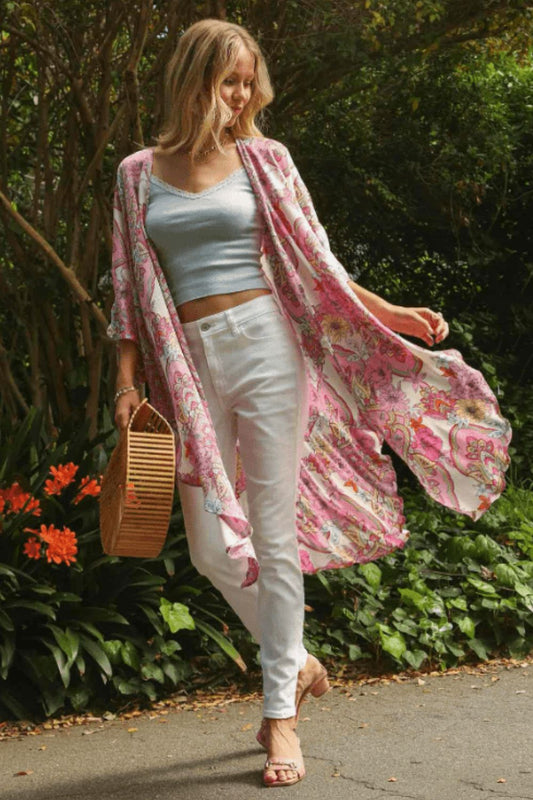 Umgee Full Size Mixed Print Open Front Kimono with Ruffle Sleeves Plus Size - felvior