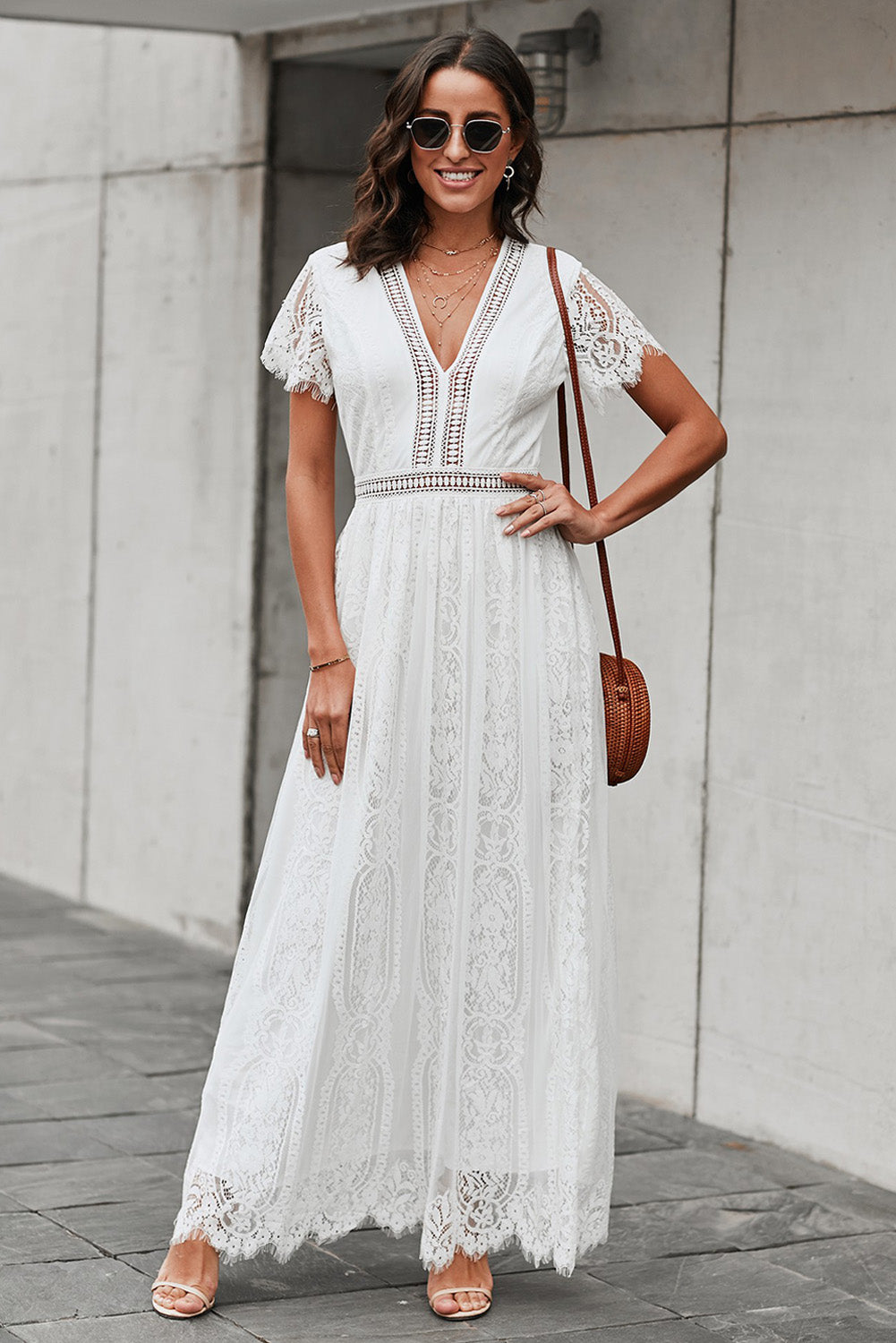 Scalloped Trim Lace Plunge Dress - felvior