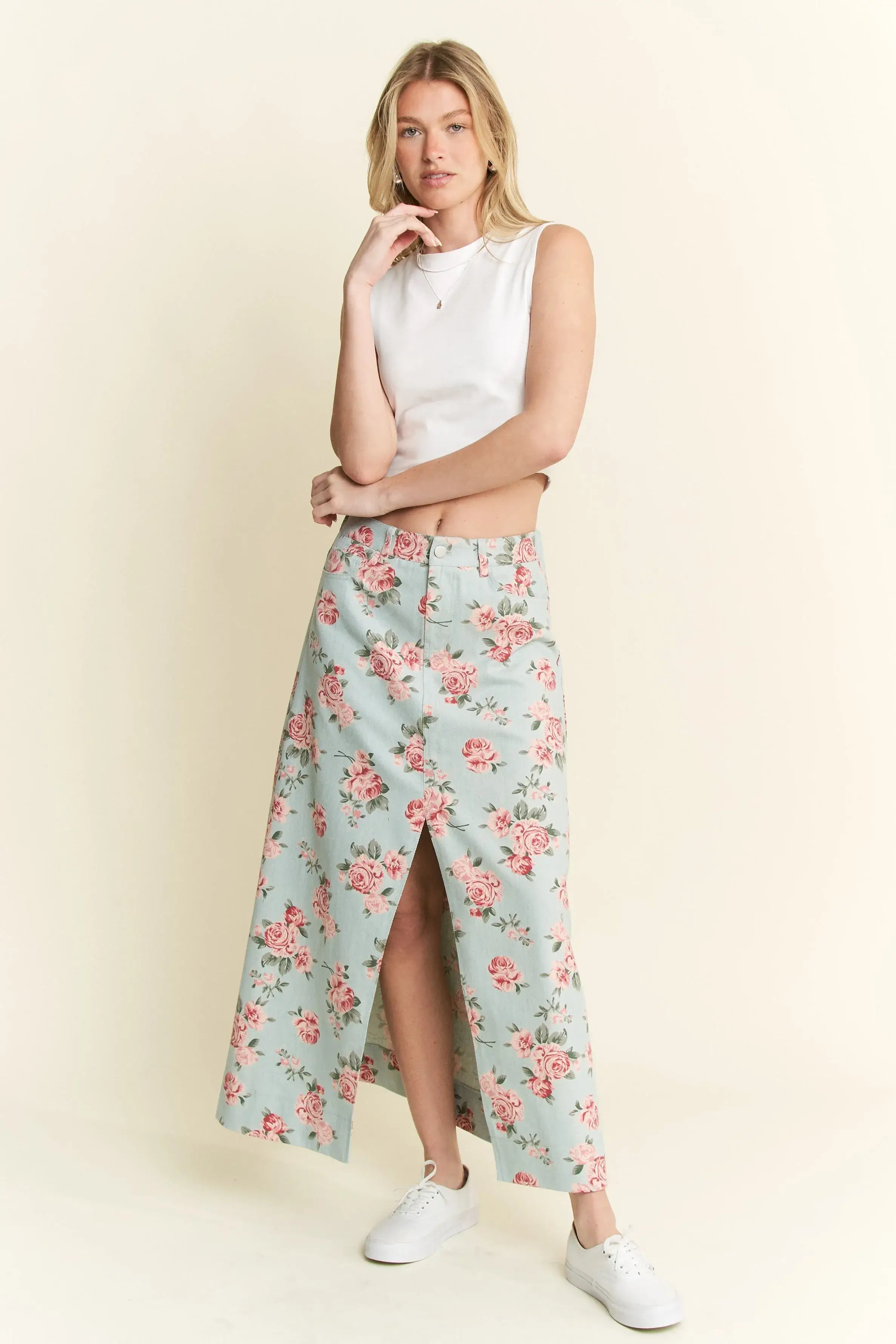 Jade By Jane Full Size Floral Print Front Slit Denim Maxi Skirt Plus Size Image principale du produit