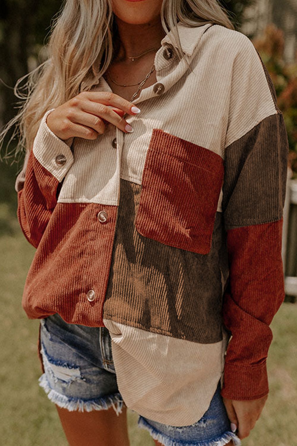 Color Block Curved Hem Corduroy Shacket with Pocket - felvior