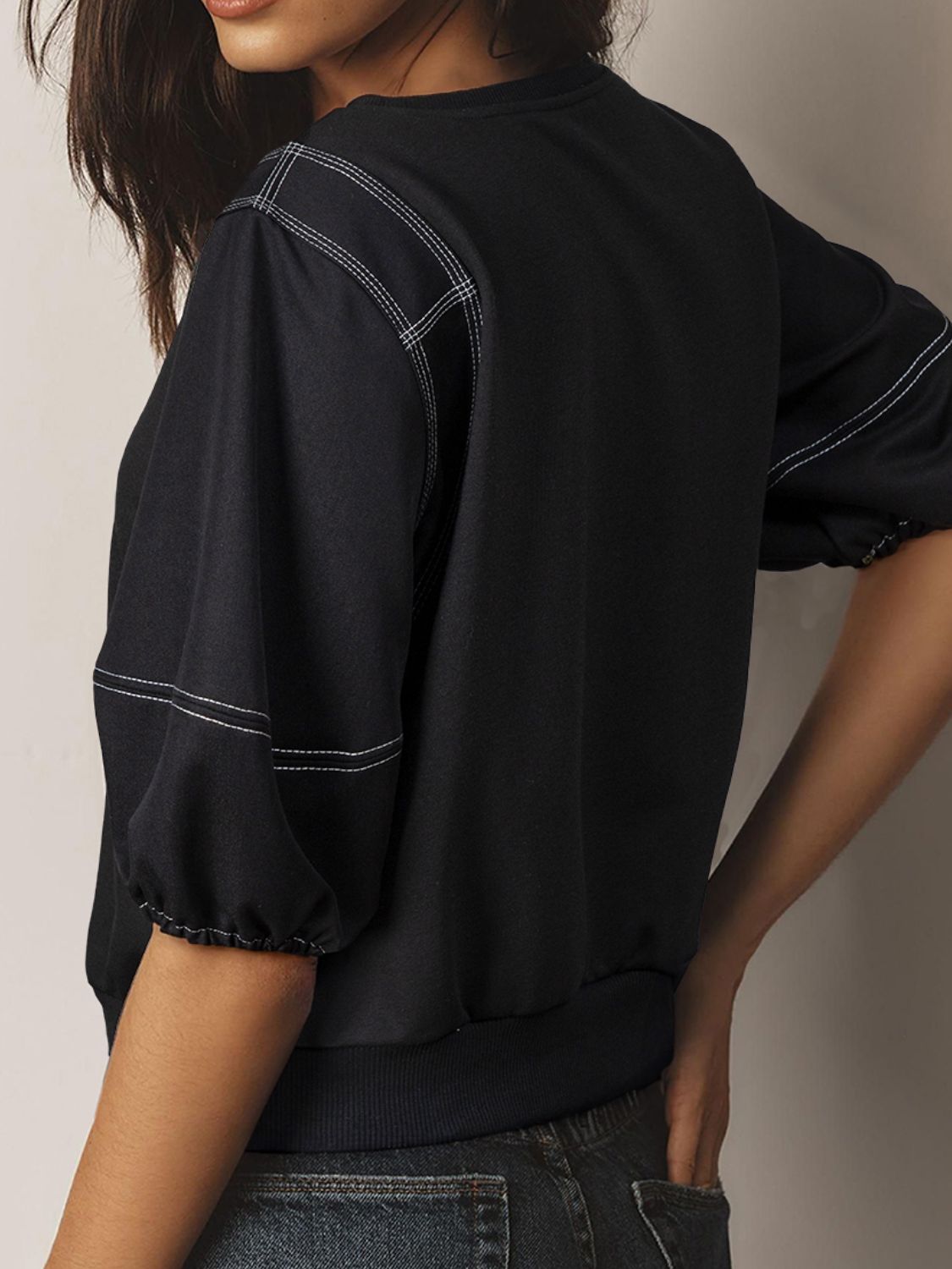 Contrast Stitches Detail Half Sleeve Blouse - felvior