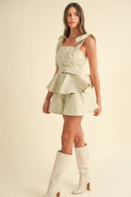 MABLE Jacquard Floral Peplum Top and Flare Shorts Set