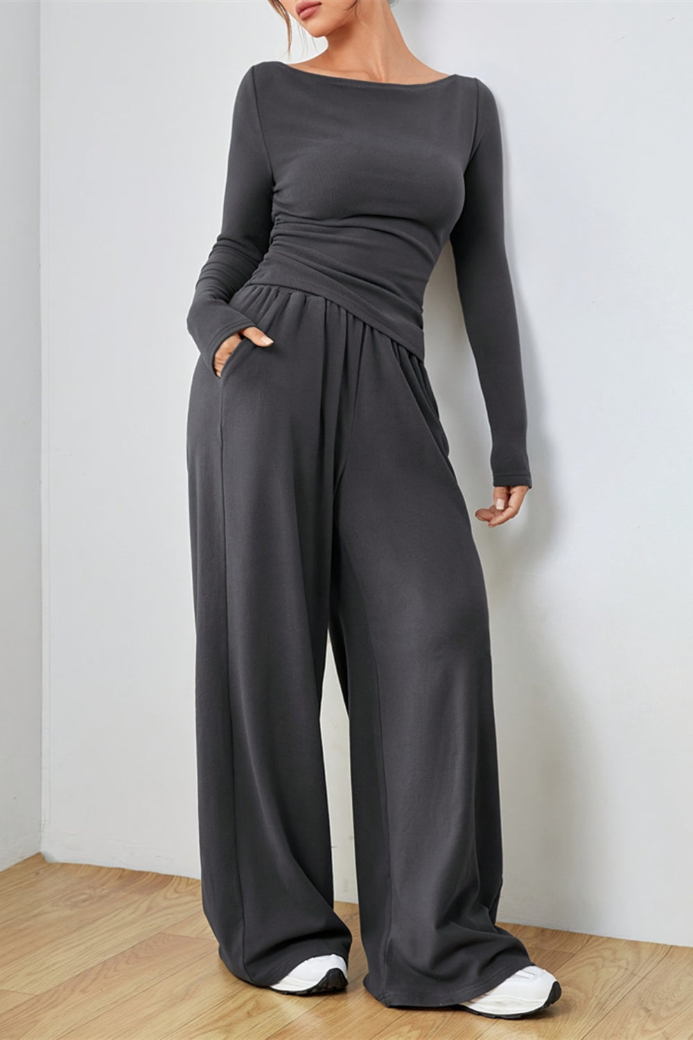 Boat Neck Long Sleeve Top and Pants Set - felvior