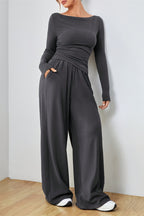 Boat Neck Long Sleeve Top and Pants Set
