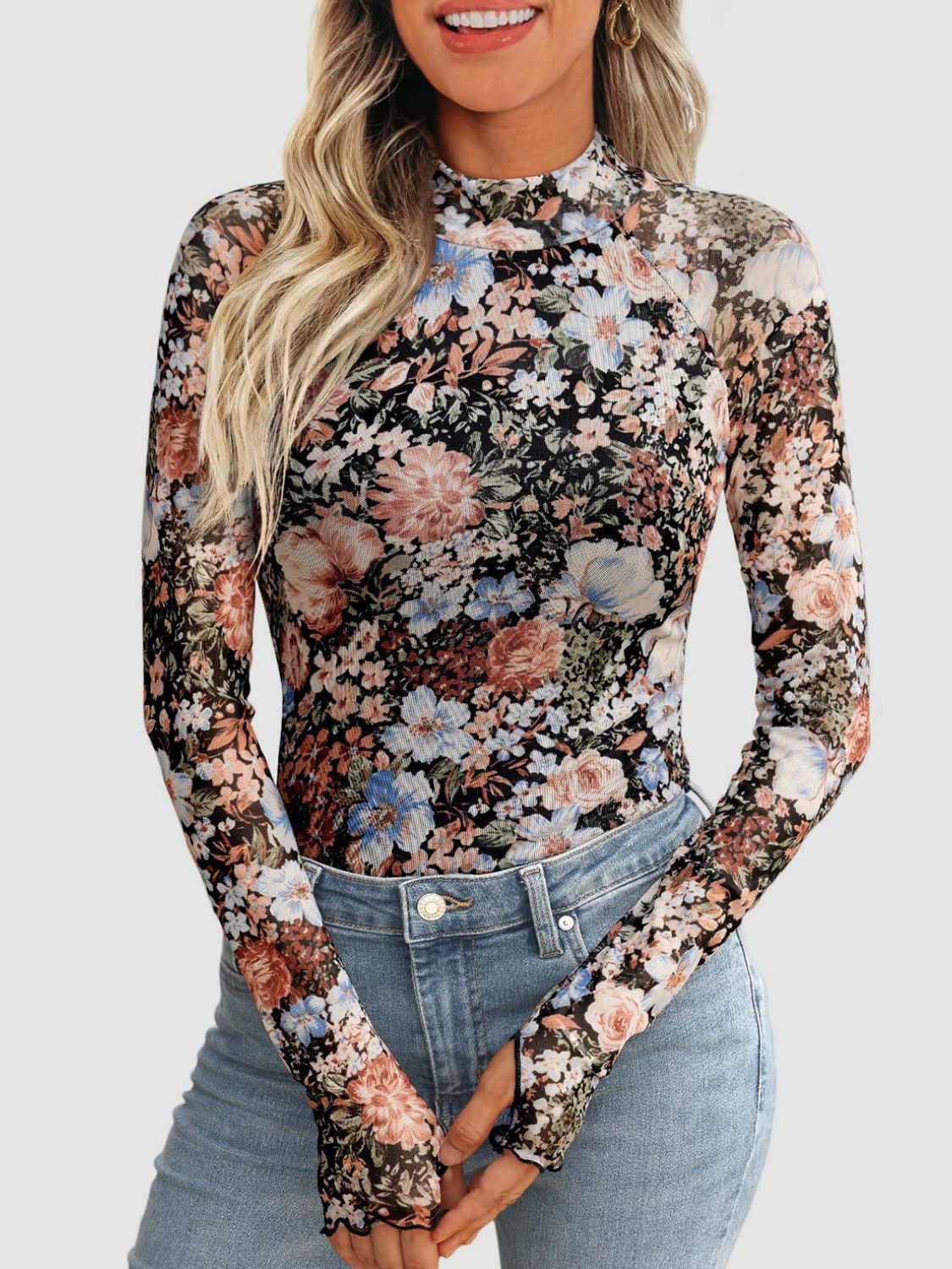 Floral Mock Neck Long Sleeve T-Shirt Hauptbild